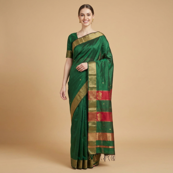 Handloom Maheshwari Silk Green Saree