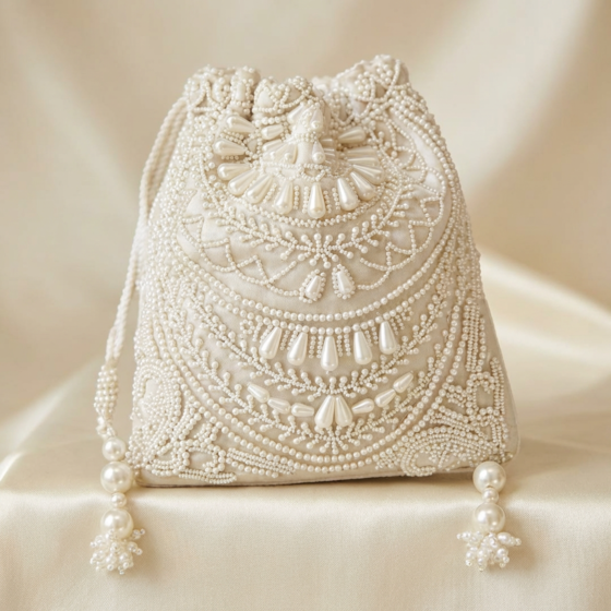 Handcrafted Beaded Pure Cotton Potli | White