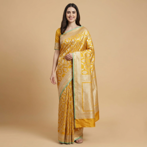 Jangla Saree with Gold and Silver tested zari - Yellow