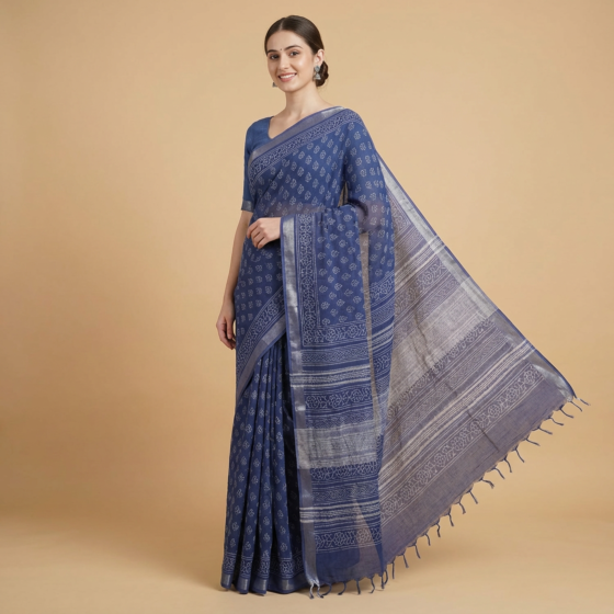 Handblock Print Blue Cotton-Silk Saree