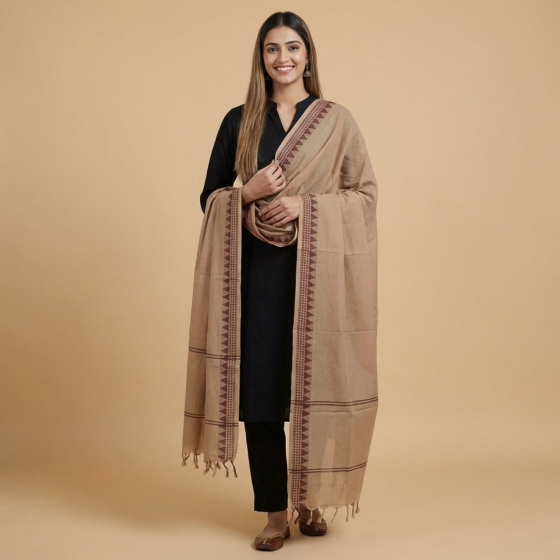 Beige Sambalpuri Handwoven Single Ikat Cotton Dupatta SFCDUP2190