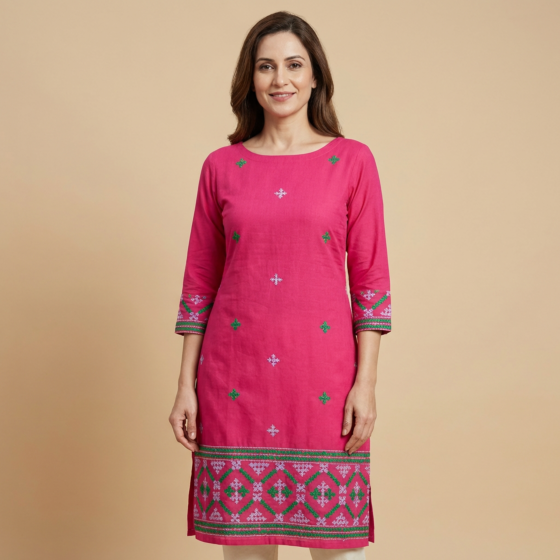 Hand-Embroidered Unstitched Kurti Material | Magenta