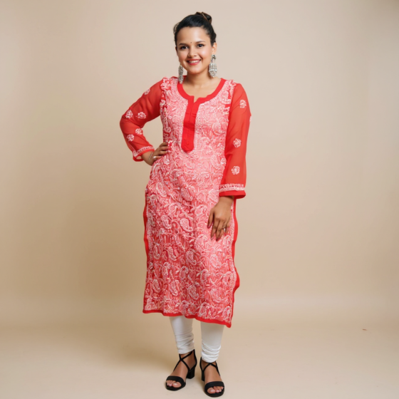 Red Georgette Chikankari Kurti | XL