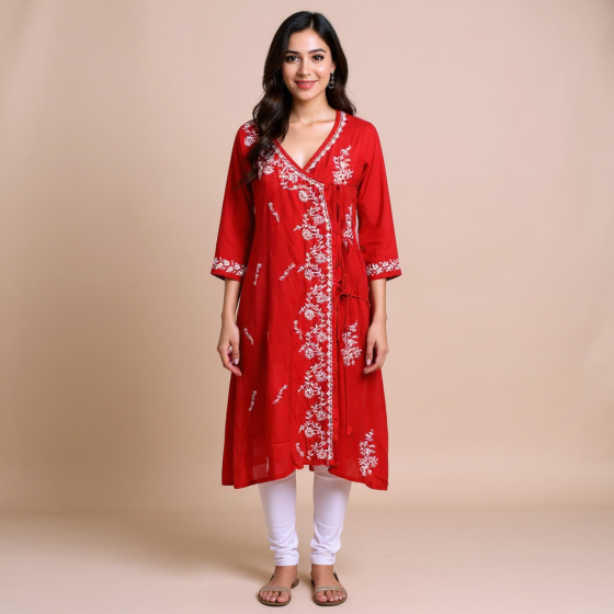 Red Angrakha Chikankari Kurti