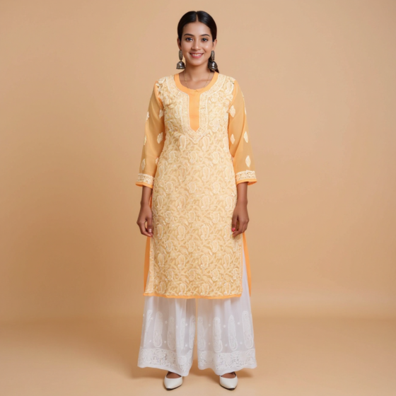 Hand-Embroidered Orange Georgette Chikankari Kurti | XL