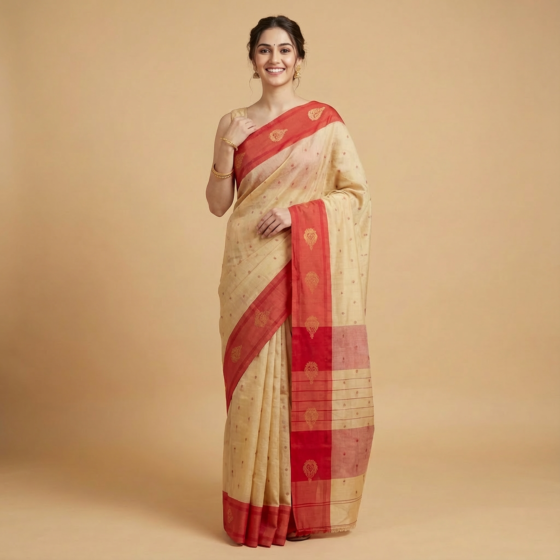 Handloom Bengal Soft Cotton Cream Saree