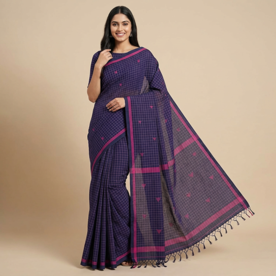 100% COTTON BODY CHECK WITH SMALL  JAMDANI BUTI SAREE