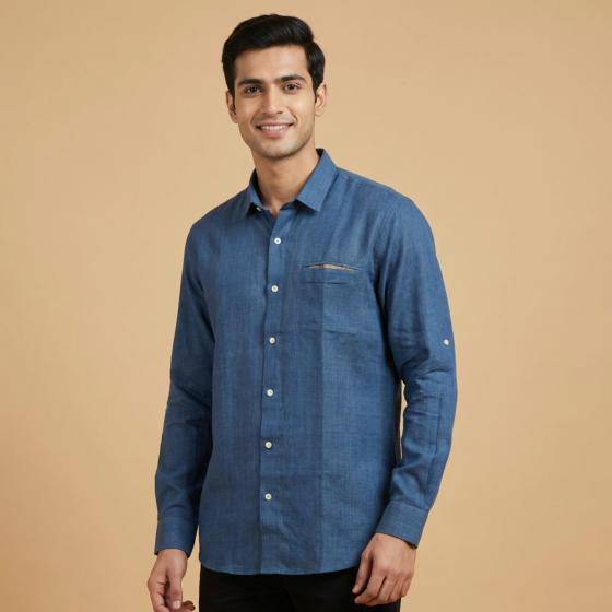 Handloom Indigo Khadi Shirt for Men | Medium