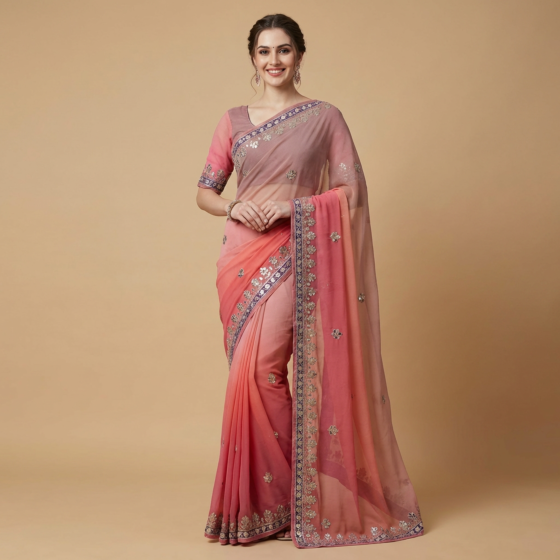Handcrafted Georgette Gotta Patti Saree | Pink