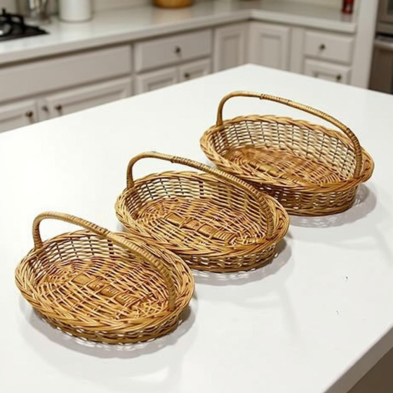 Oval Cane and Bamboo Baskets with Handles | Set of 3