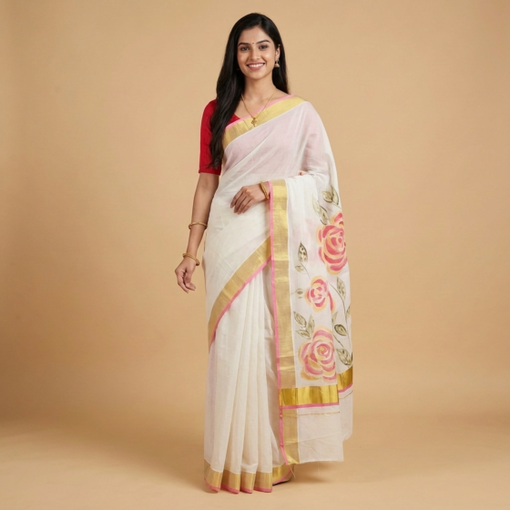 Hand-Painted Kerala Kasavu Saree