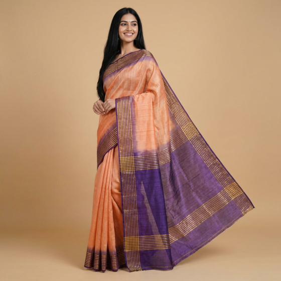 Handloom Dual Dye Tussar Ghicha Silk Saree with Blouse | Peach & Purple