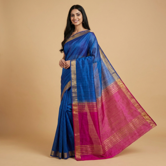 Handloom Dual Dye Tussar Ghicha Silk Saree with Blouse | Blue & Pink