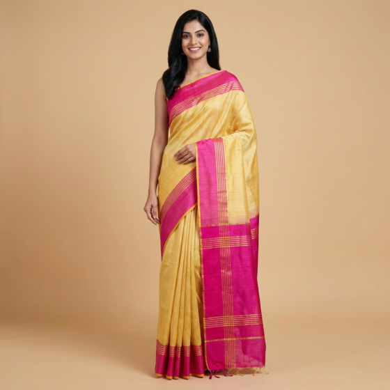 Handloom Dual Dye Tussar Ghicha Silk Saree with Blouse | Yellow & Magenta