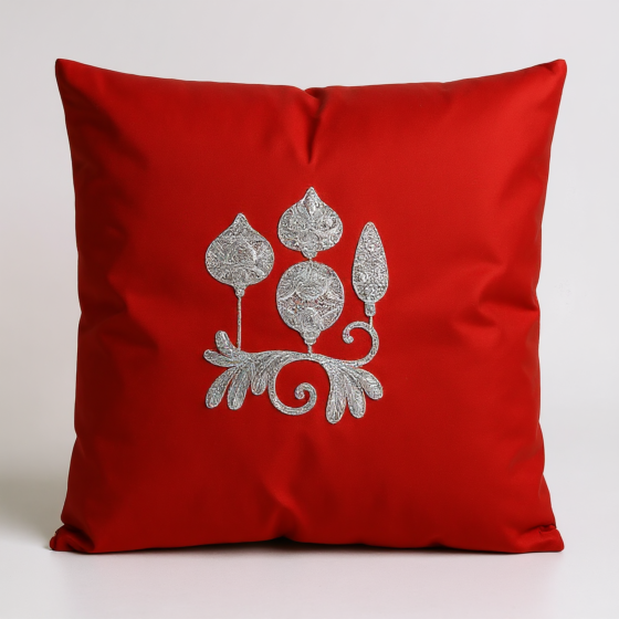 Hand-Embroidered Red Cotton Cushion Cover | 41x6x41 cm