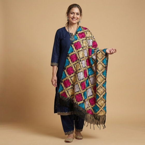 Hand-Embroidered Multicoloured Phulkari Dupatta