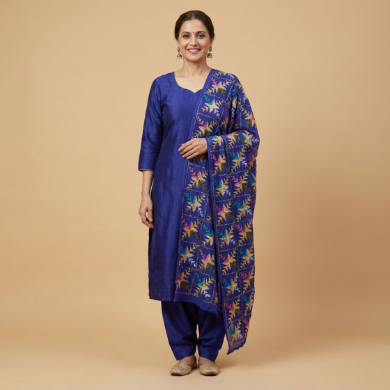 Hand-Embroidered Blue Phulkari Dupatta