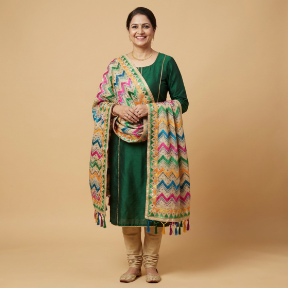 Hand-Embroidered Phulkari Sequins Work Cotton Dupatta | Multicolour