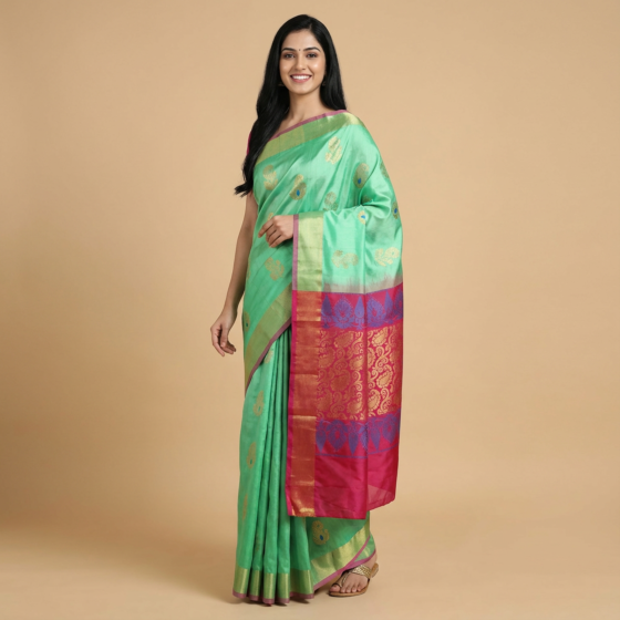 Handloom Viscose Rayon Silk Saree | Red & Green