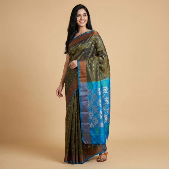 Handloom Viscose Rayon Silk Saree | Olive & Blue