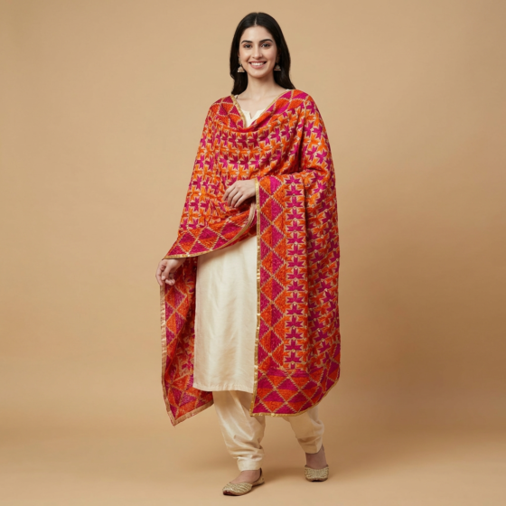 Hand-Embroidered Phulkari Cotton Dupatta | Red