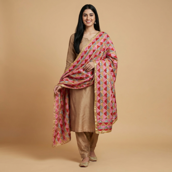Hand-Embroidered Traditional Phulkari Cotton Dupatta | Multicolour