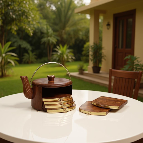 Handcrafted Wooden Kettle-Shaped Coaster Set