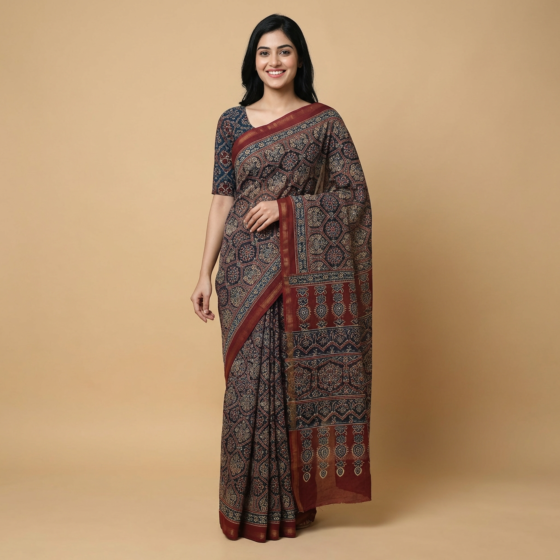 Handblock Print Chocolate Brown Cotton-Silk Saree