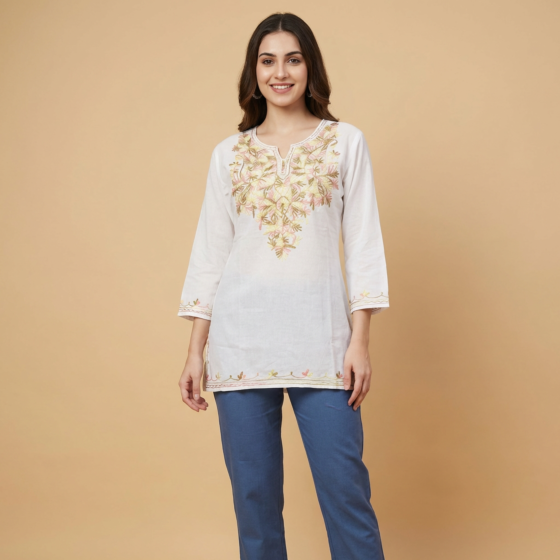 Hand-Embroidered Pure Cotton White Short Kurti