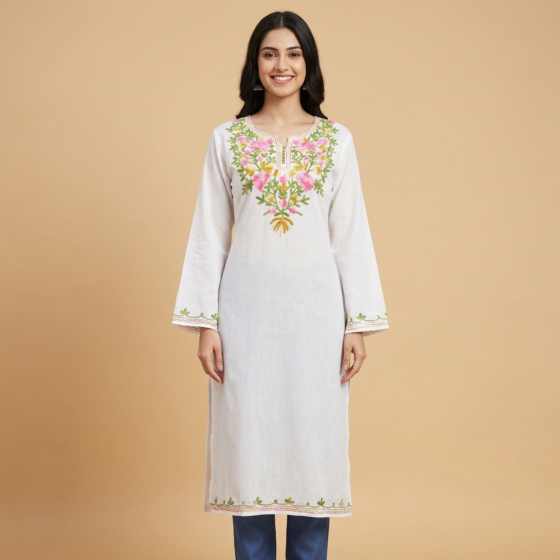 Hand-Embroidered Pure Cotton White Long Kurti | Size: S