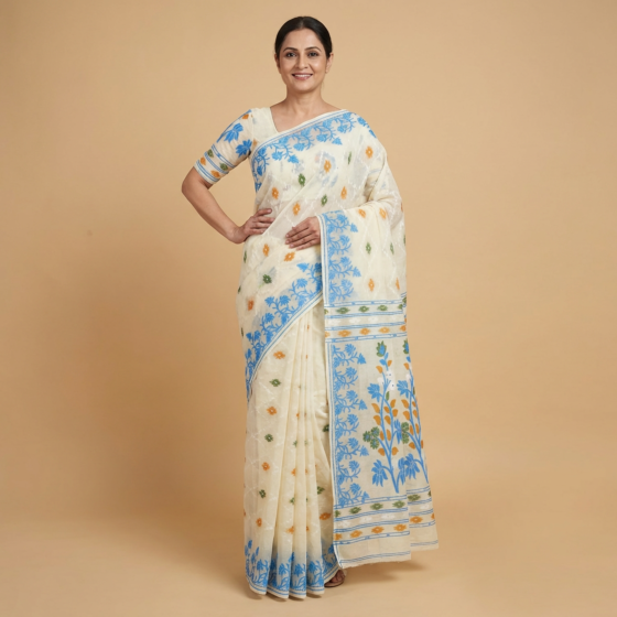 Handloom Cotton Shantipur White Saree with Blouse Piece