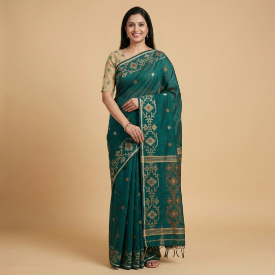 Handloom Bengal Soft Cotton Green Saree