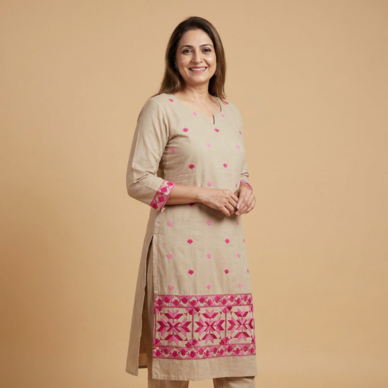 Hand-Embroidered Cotton Unstitched Suit Material | Beige