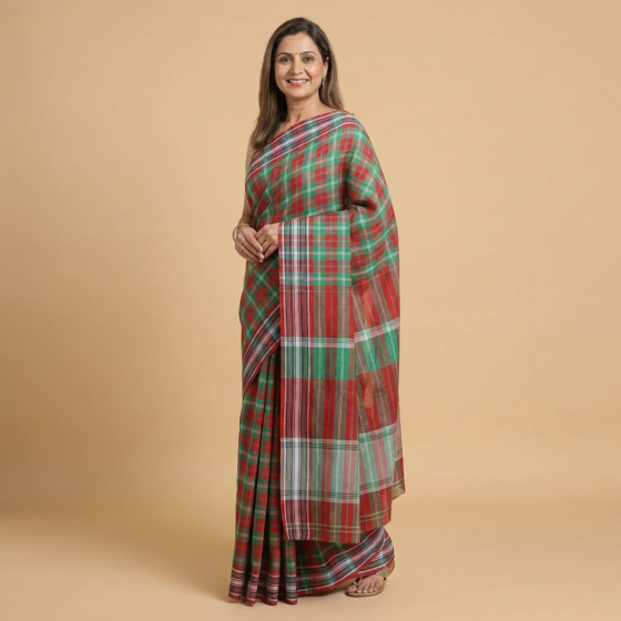 Handloom Checkered Gamcha Saree with Blouse | Green & Red
