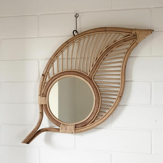 Handcrafted Leaf Shape Rattan Wall Mirror | 45x40 cm