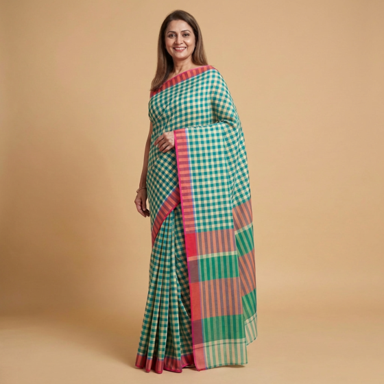 Handloom Green Checkered Gamcha Saree with Blouse