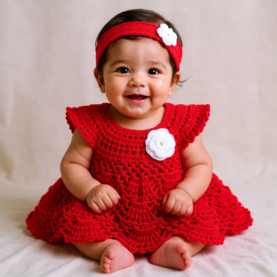 Crochet Frock with Headband -Red