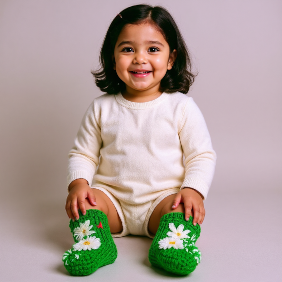 Handwoven Kids Woolen Socks | Green with Red tassel