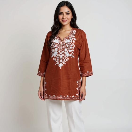 Women Embroidered Pure Cotton rust color Short Kurta  