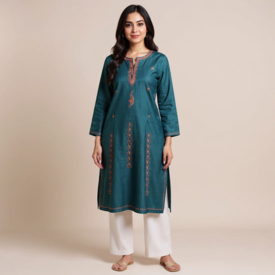 Cotton Kurta with Paper Machine Sozni Work - Green