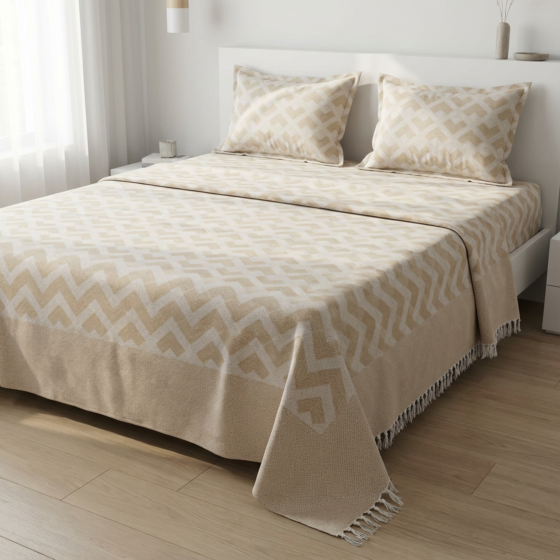 Handloom Beige King Double Bedsheet with Pillow Covers