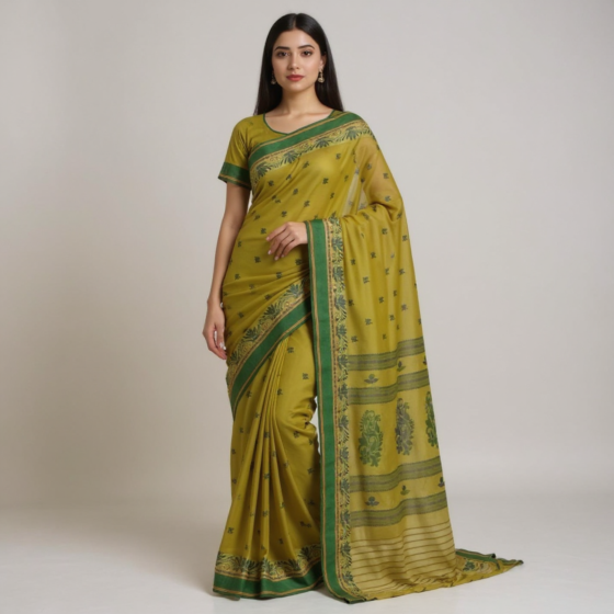 Exclusive 100s/100s Handloom Cotton Saree | Mustard