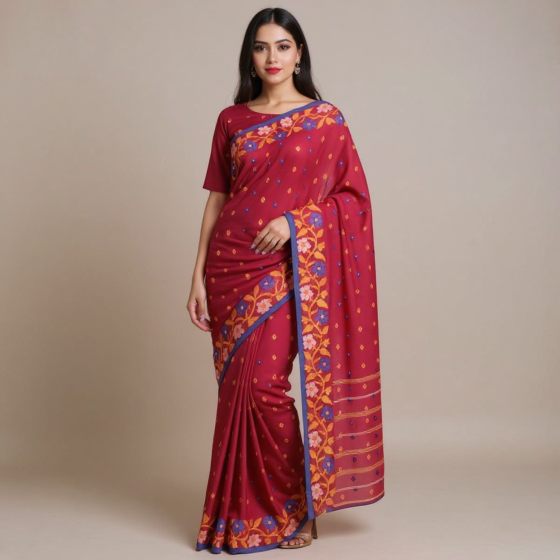 Bengal Handloom Cotton Tangail Crimson Red Saree