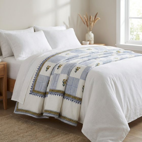 Block Print Double-Sided Cotton Dohar | Off-White & Blue