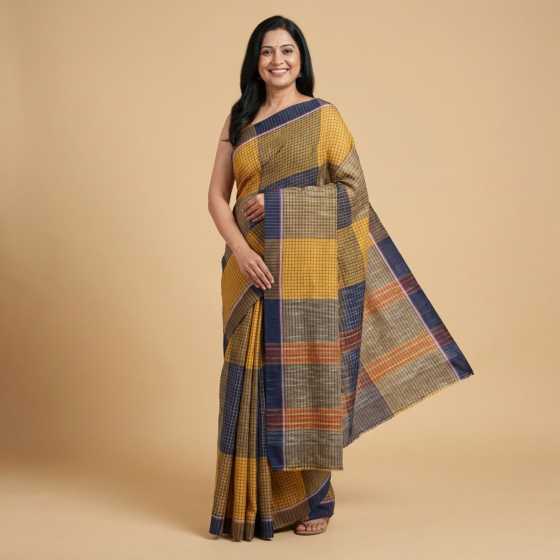 Handloom Checkered Gamcha Saree with Blouse | Blue & Cream