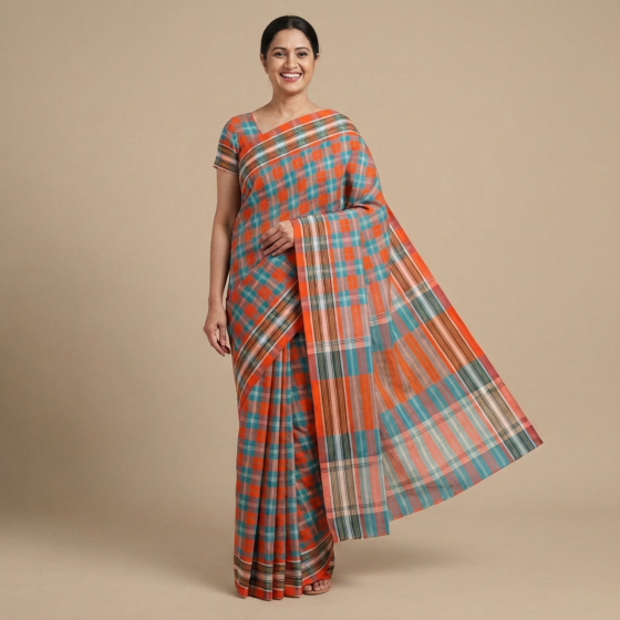 Handloom Checkered Gamcha Saree with Blouse | Orange & Blue