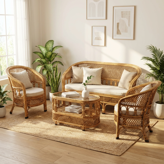 Cane Sofa Set with Table for Home & Office