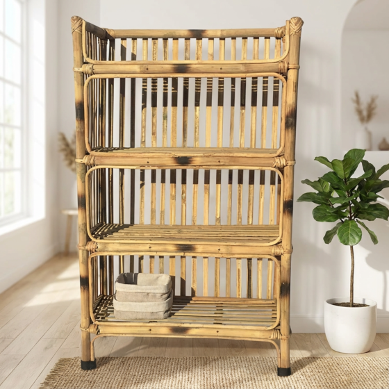 Bamboo Natural Finish Brown Cane Rack of 4 Shelves for Books and Shoes