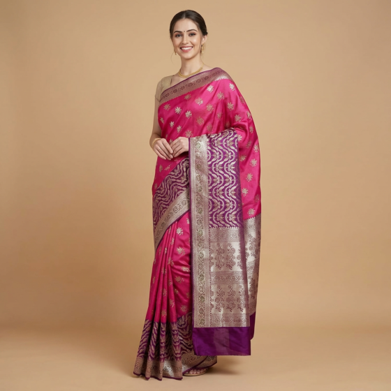 Pure Banarasi Handloom Katan Silk Saree | Pink & Purple