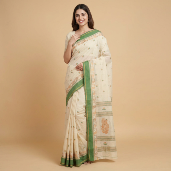 Exclusive Bengal Handloom Cotton Saree | Cream Color | 5.5 meters